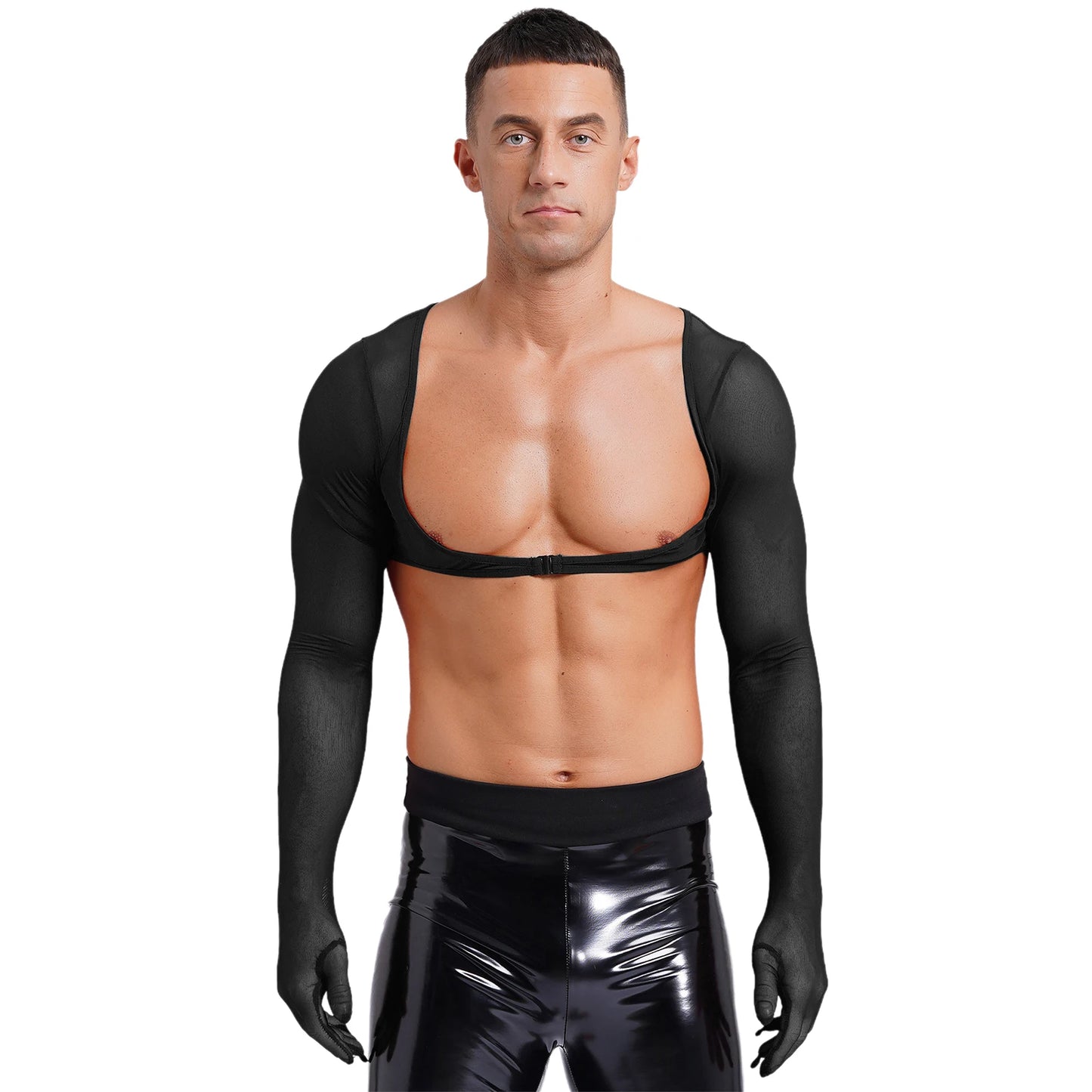 Slay & Sexy Mens Sissy Underwear See-through Mesh Gloves Tank Tops Sun Protection Long Sleeve Open Front Buckle Solid Color Cropped Top