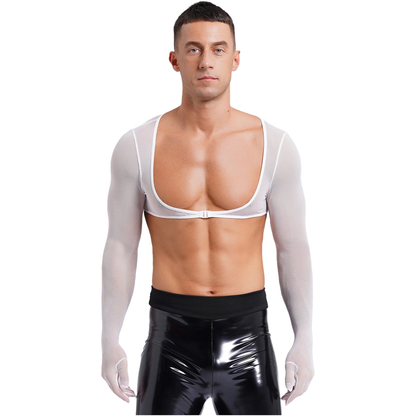 Slay & Sexy Mens Sissy Underwear See-through Mesh Gloves Tank Tops Sun Protection Long Sleeve Open Front Buckle Solid Color Cropped Top
