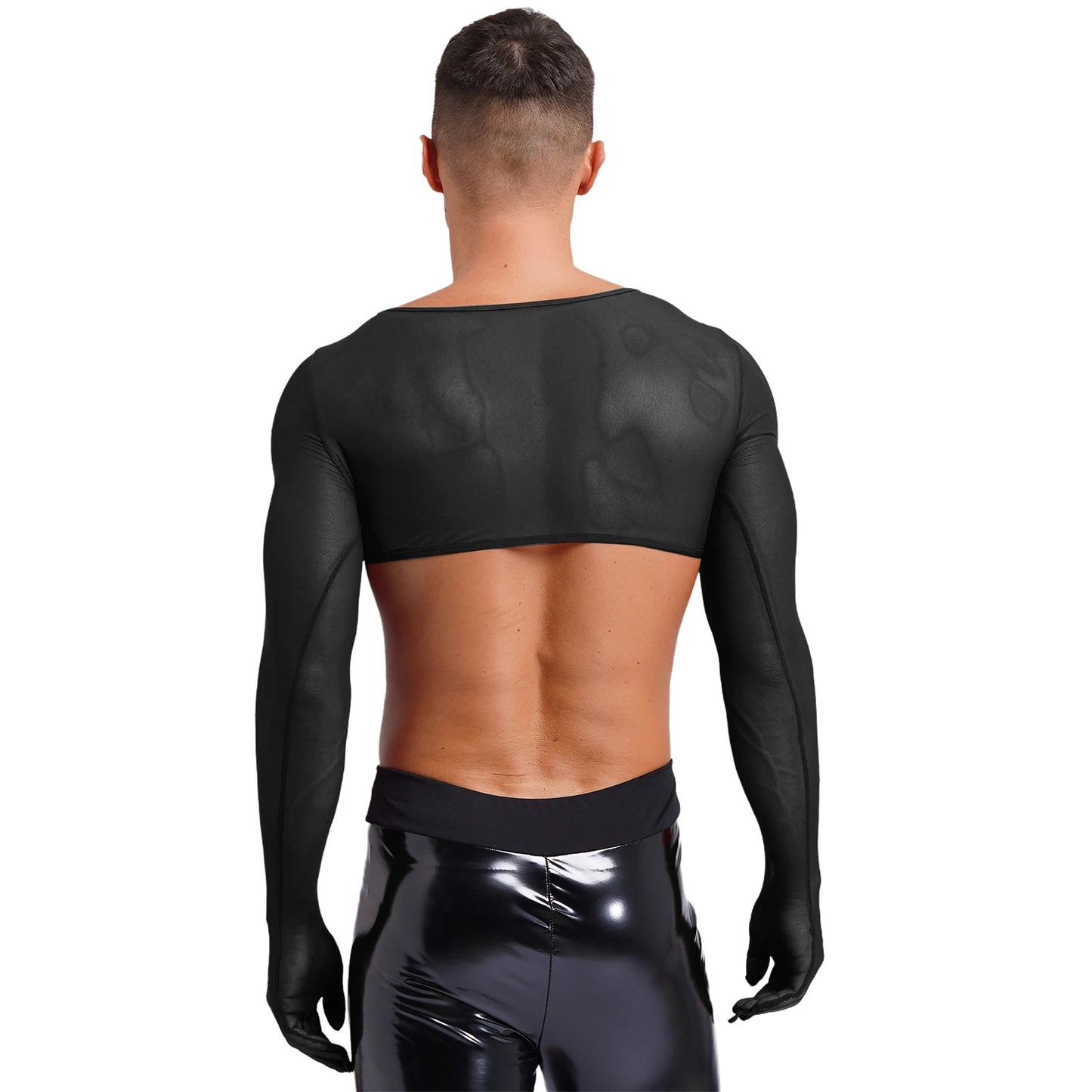Slay & Sexy Mens Sissy Underwear See-through Mesh Gloves Tank Tops Sun Protection Long Sleeve Open Front Buckle Solid Color Cropped Top