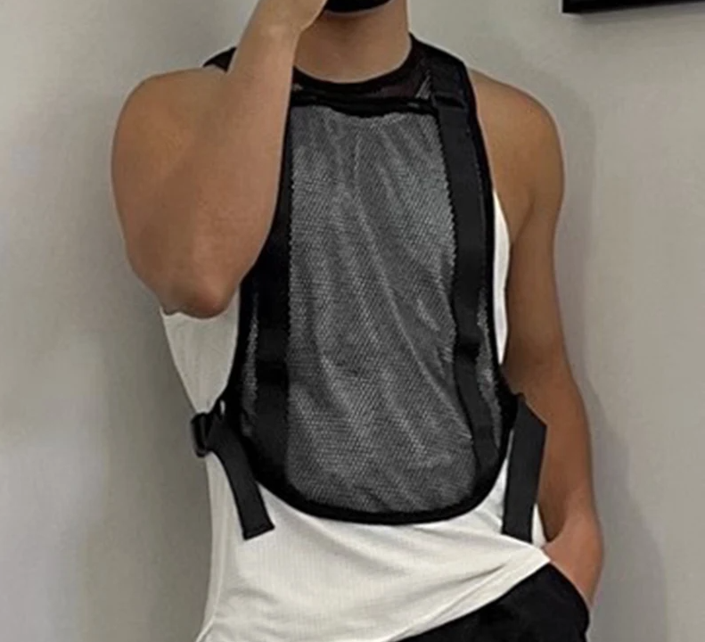 Meowgicall 2025 Slay Mesh Hollow Buckle Vests Casual Sexy Male Thin Breathable Sleeveless Tank Tops S-5XL