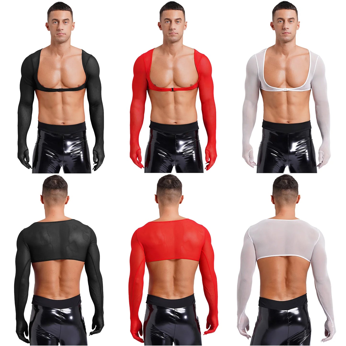 Slay & Sexy Mens Sissy Underwear See-through Mesh Gloves Tank Tops Sun Protection Long Sleeve Open Front Buckle Solid Color Cropped Top