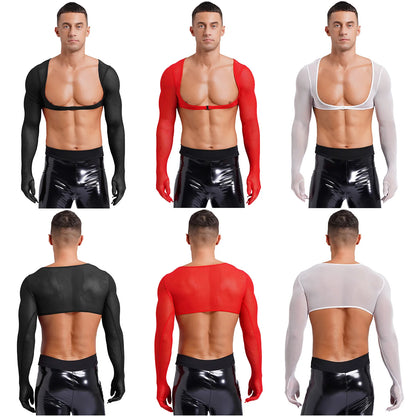 Slay & Sexy Mens Sissy Underwear See-through Mesh Gloves Tank Tops Sun Protection Long Sleeve Open Front Buckle Solid Color Cropped Top