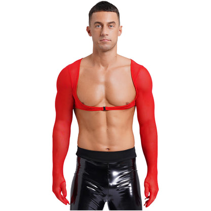 Slay & Sexy Mens Sissy Underwear See-through Mesh Gloves Tank Tops Sun Protection Long Sleeve Open Front Buckle Solid Color Cropped Top