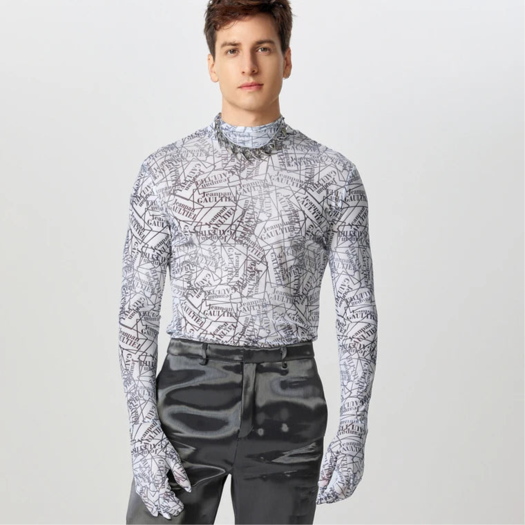 Meowgicall Slay Long Sleeve See Through Knitted T-Shirts Men Well Fitting Letter Printing Camisetas Handsome Stand Collar Tops