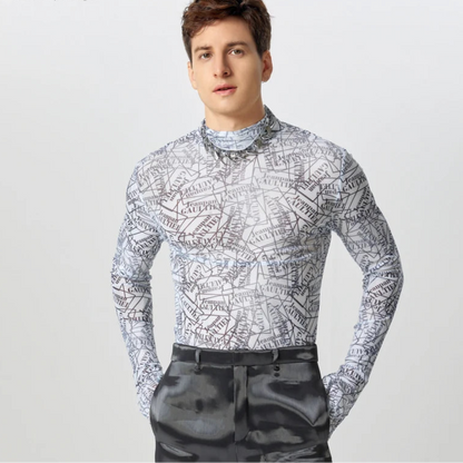 Meowgicall Slay Long Sleeve See Through Knitted T-Shirts Men Well Fitting Letter Printing Camisetas Handsome Stand Collar Tops