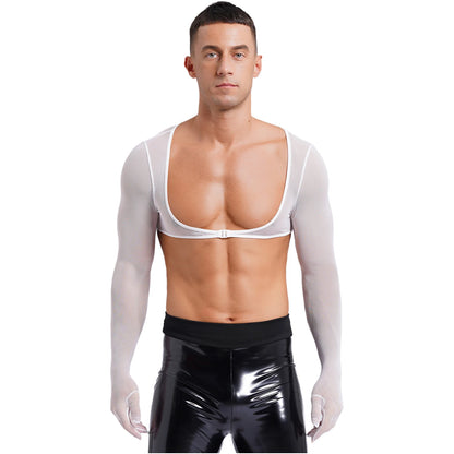 Slay & Sexy Mens Sissy Underwear See-through Mesh Gloves Tank Tops Sun Protection Long Sleeve Open Front Buckle Solid Color Cropped Top
