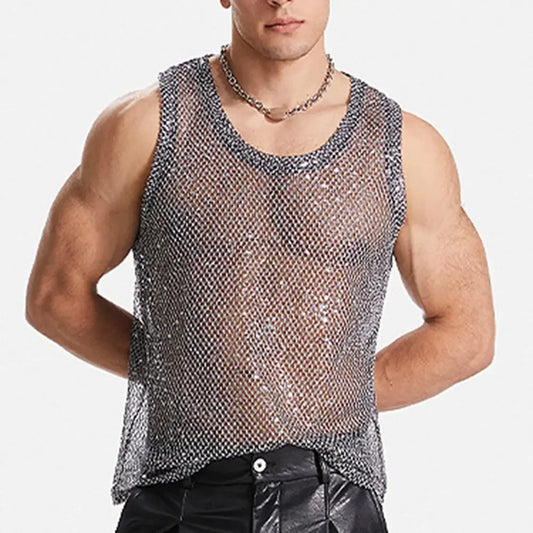 Meowgicall Slay 2025 Muscle Tank Top Sleeveless Glitter Sheer Transparent Vest Fishnet Party Tops Simple Male Vest