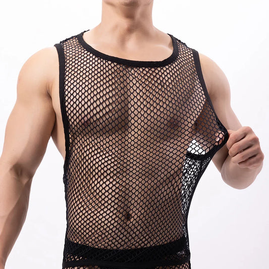 Meowgicall Transparent Mesh Tank Tops Male Beach Wear Clothing Vests Sports Underwear