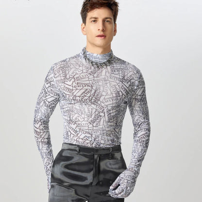 Meowgicall Slay Long Sleeve See Through Knitted T-Shirts Men Well Fitting Letter Printing Camisetas Handsome Stand Collar Tops