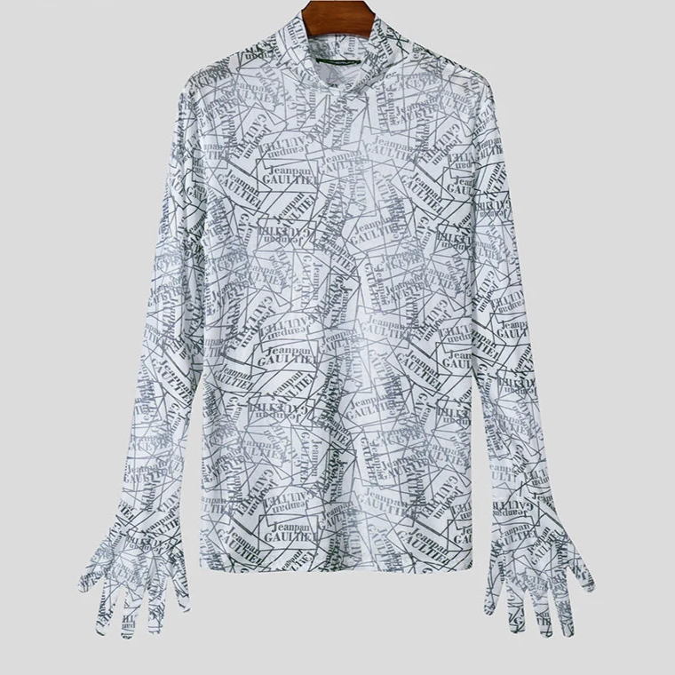 Meowgicall Slay Long Sleeve See Through Knitted T-Shirts Men Well Fitting Letter Printing Camisetas Handsome Stand Collar Tops