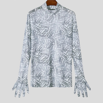 Meowgicall Slay Long Sleeve See Through Knitted T-Shirts Men Well Fitting Letter Printing Camisetas Handsome Stand Collar Tops