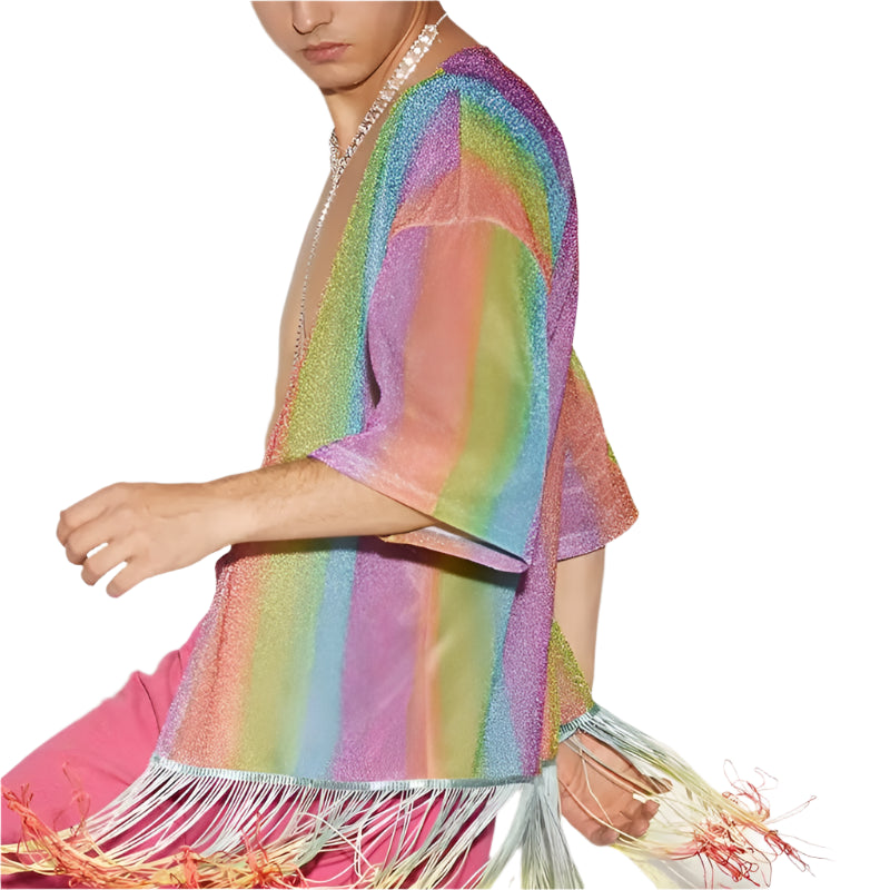 Sexy &Sexy  Fashion Men Shirt Tie Dye Tassel Open Stitch Half Sleeve 2024 Shiny Men Clothing Colorful Streetwear Casual Cardigan