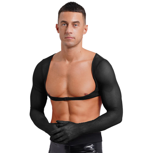 Slay & Sexy Mens Sissy Underwear See-through Mesh Gloves Tank Tops Sun Protection Long Sleeve Open Front Buckle Solid Color Cropped Top