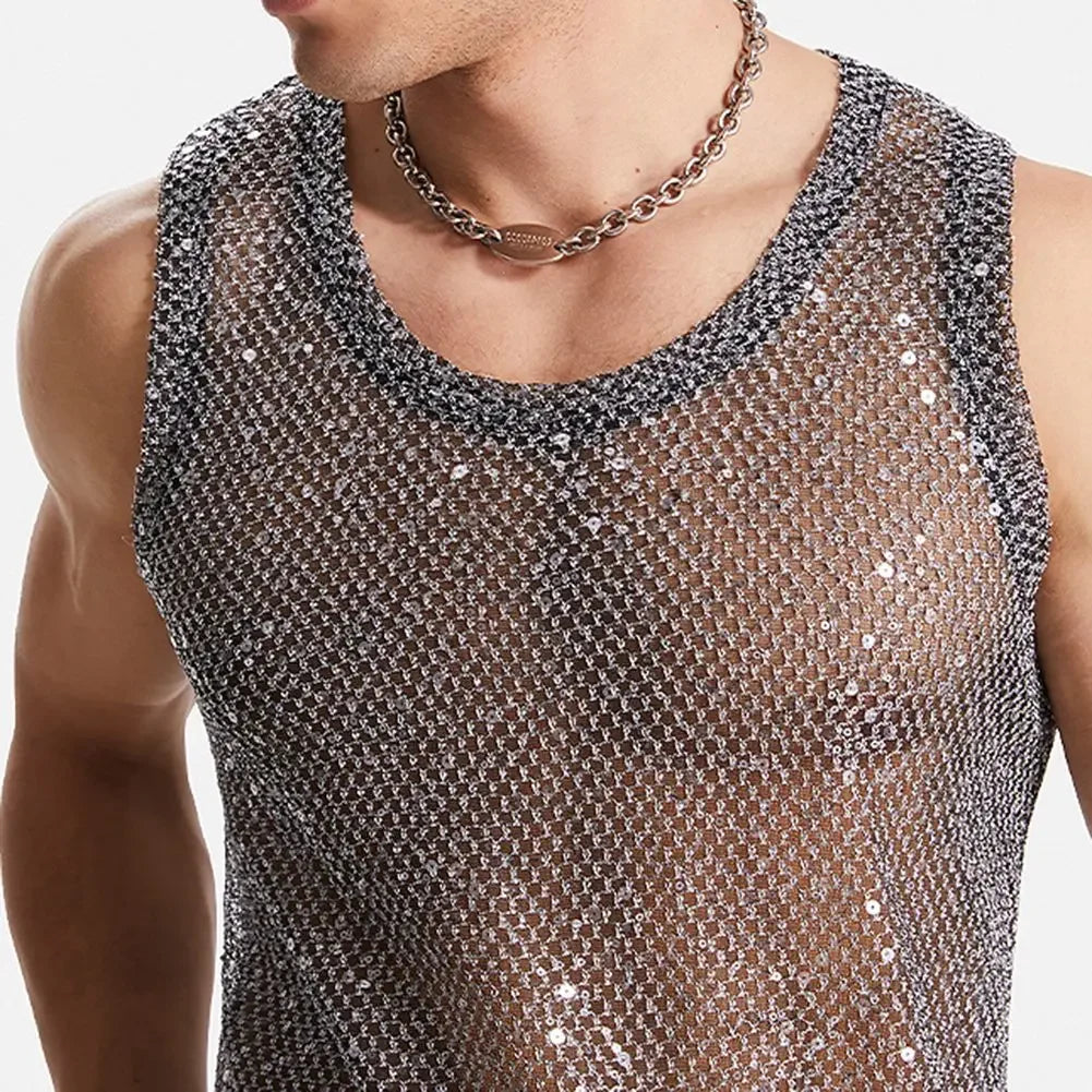 Meowgicall Slay 2025 Muscle Tank Top Sleeveless Glitter Sheer Transparent Vest Fishnet Party Tops Simple Male Vest