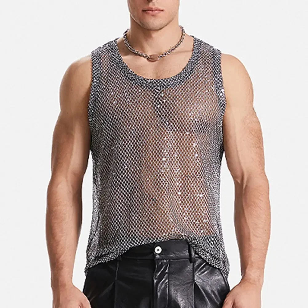 Meowgicall Slay 2025 Muscle Tank Top Sleeveless Glitter Sheer Transparent Vest Fishnet Party Tops Simple Male Vest