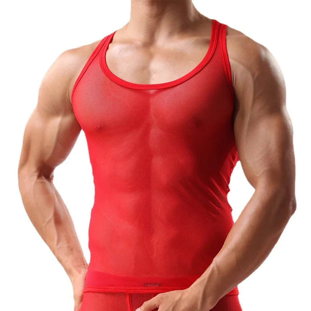 New Mens Summer Sexy Mesh Transparent Fishnet T-shirt Camisole Gym Training Tank Top Vest Underpants Breathable Thin Male Vest