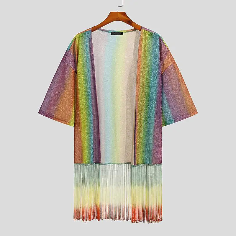 Sexy &Sexy  Fashion Men Shirt Tie Dye Tassel Open Stitch Half Sleeve 2024 Shiny Men Clothing Colorful Streetwear Casual Cardigan