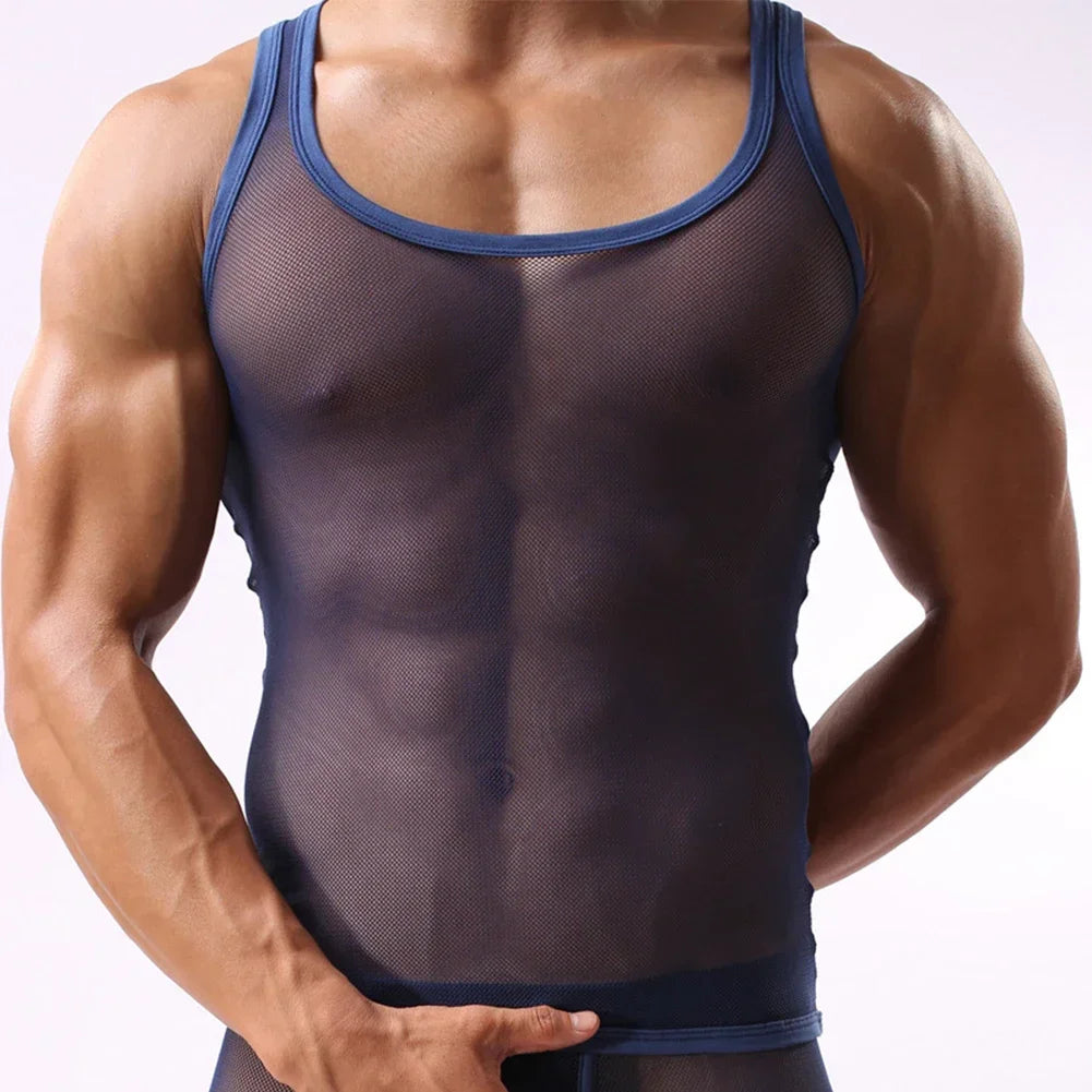 New Mens Summer Sexy Mesh Transparent Fishnet T-shirt Camisole Gym Training Tank Top Vest Underpants Breathable Thin Male Vest