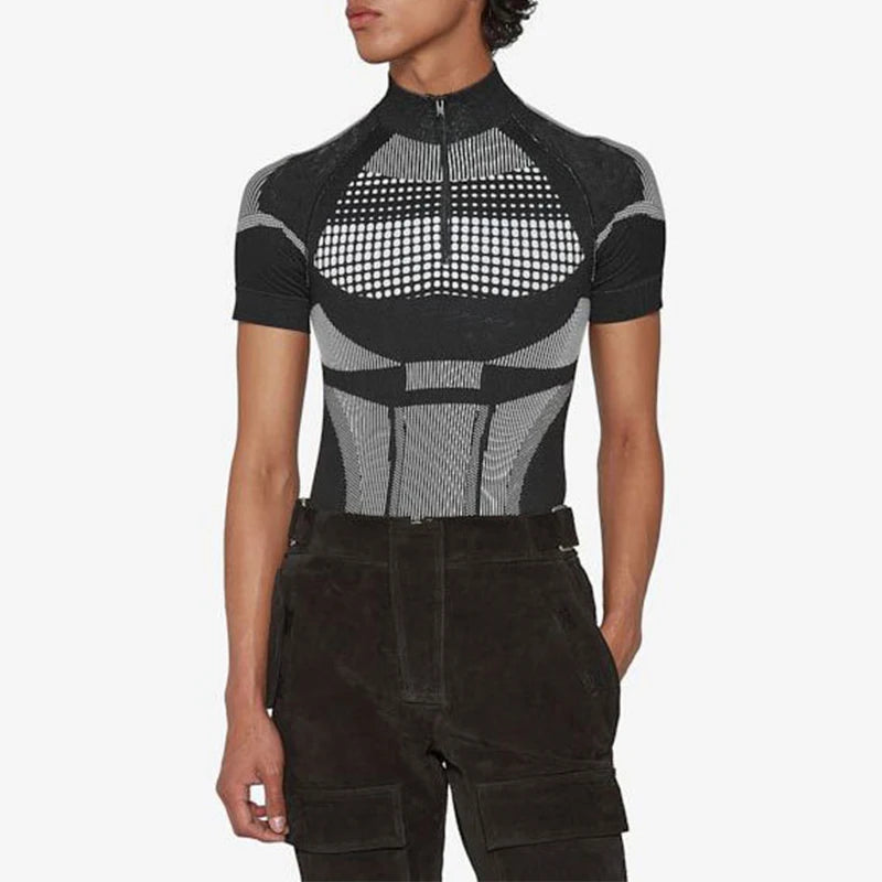 Stylish Mens Slim Basic T Shirts Summer Fashion Graphic Printed Short Sleeve Tees Men Casual Stand Collar Zipper Skinny T-shirt