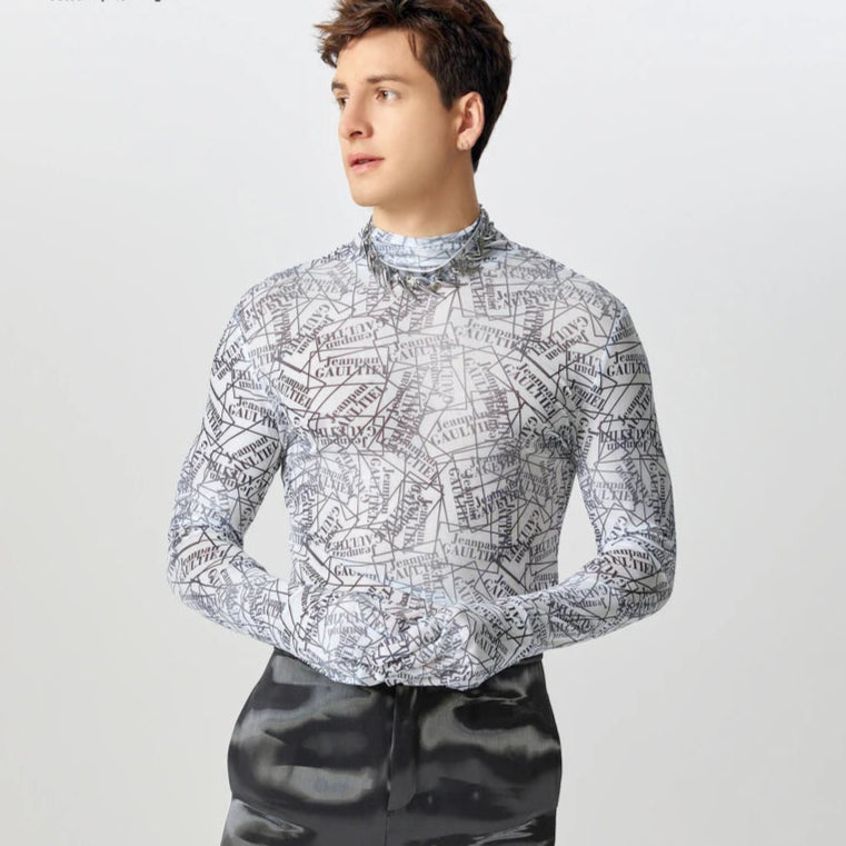 Meowgicall Slay Long Sleeve See Through Knitted T-Shirts Men Well Fitting Letter Printing Camisetas Handsome Stand Collar Tops
