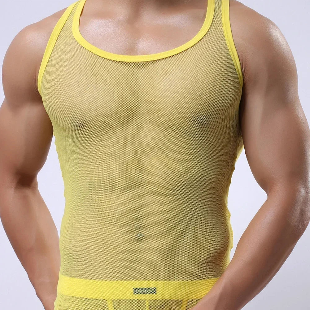 New Mens Summer Sexy Mesh Transparent Fishnet T-shirt Camisole Gym Training Tank Top Vest Underpants Breathable Thin Male Vest