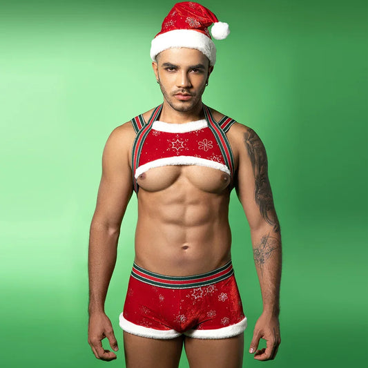 Meowgicall santa Christmas Cosplay Men Underwear Set Red Harness And Pants Set Bodysuit Nightwear Sexy Role Play Outfit Costume