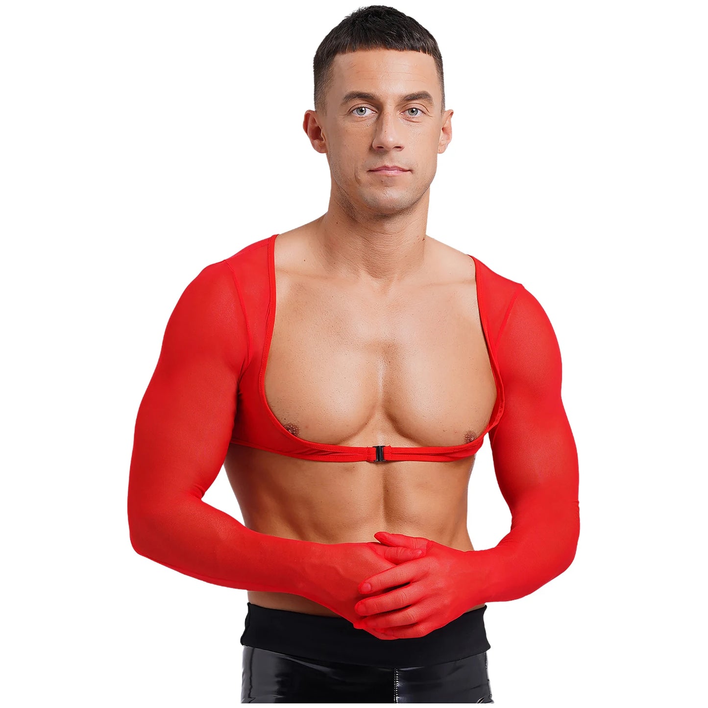 Slay & Sexy Mens Sissy Underwear See-through Mesh Gloves Tank Tops Sun Protection Long Sleeve Open Front Buckle Solid Color Cropped Top