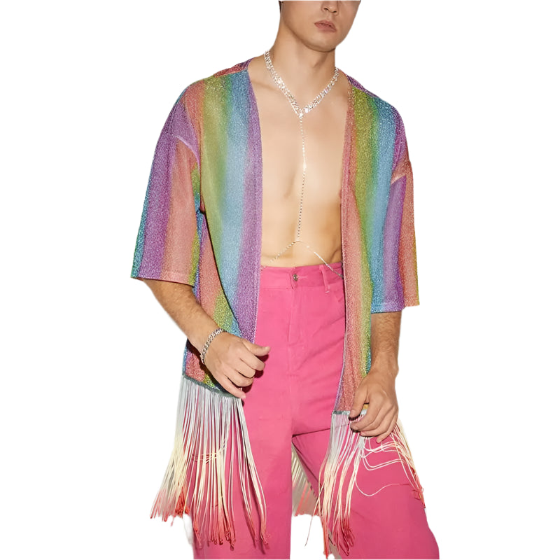Sexy &Sexy  Fashion Men Shirt Tie Dye Tassel Open Stitch Half Sleeve 2024 Shiny Men Clothing Colorful Streetwear Casual Cardigan