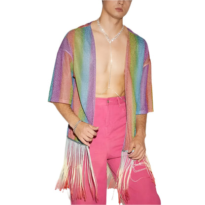 Sexy &Sexy  Fashion Men Shirt Tie Dye Tassel Open Stitch Half Sleeve 2024 Shiny Men Clothing Colorful Streetwear Casual Cardigan