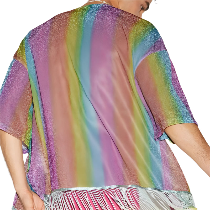 Sexy &Sexy  Fashion Men Shirt Tie Dye Tassel Open Stitch Half Sleeve 2024 Shiny Men Clothing Colorful Streetwear Casual Cardigan