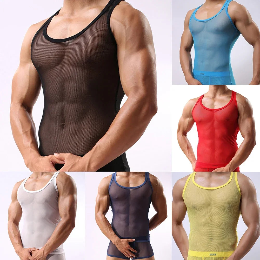 New Mens Summer Sexy Mesh Transparent Fishnet T-shirt Camisole Gym Training Tank Top Vest Underpants Breathable Thin Male Vest