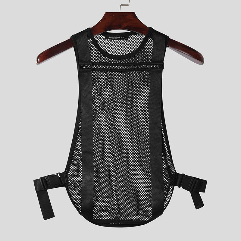 Meowgicall 2025 Slay Mesh Hollow Buckle Vests Casual Sexy Male Thin Breathable Sleeveless Tank Tops S-5XL