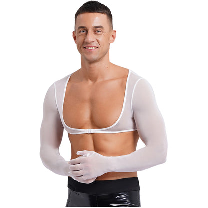Slay & Sexy Mens Sissy Underwear See-through Mesh Gloves Tank Tops Sun Protection Long Sleeve Open Front Buckle Solid Color Cropped Top