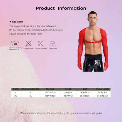 Slay & Sexy Mens Sissy Underwear See-through Mesh Gloves Tank Tops Sun Protection Long Sleeve Open Front Buckle Solid Color Cropped Top