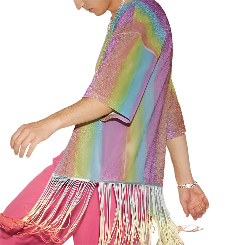 Sexy &Sexy  Fashion Men Shirt Tie Dye Tassel Open Stitch Half Sleeve 2024 Shiny Men Clothing Colorful Streetwear Casual Cardigan