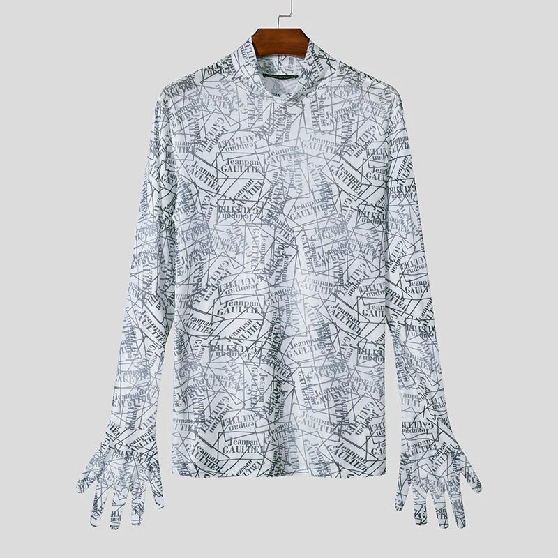 Meowgicall Slay Long Sleeve See Through Knitted T-Shirts Men Well Fitting Letter Printing Camisetas Handsome Stand Collar Tops