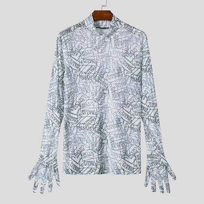 Meowgicall Slay Long Sleeve See Through Knitted T-Shirts Men Well Fitting Letter Printing Camisetas Handsome Stand Collar Tops